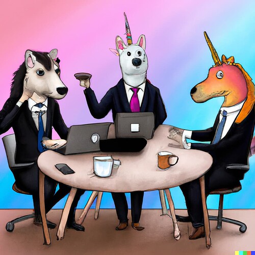 DALL·E 2022-07-30 15.53.46 - An unicorn seats at a table, serves a coffee and writes code on a laptop._3 surprised dogs dressed in tuxedo are watching the unicorn.